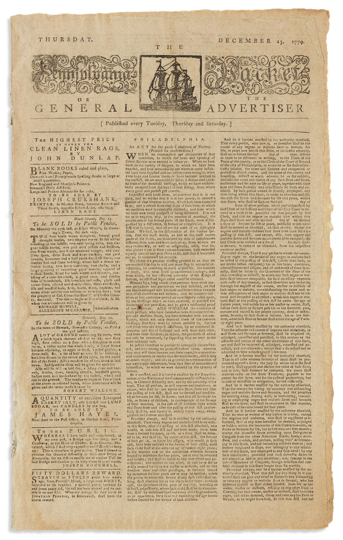 (SLAVERY & ABOLITION.) Newspaper publication of Pennsylvanias Act for the Gradual Abolition of Slavery,